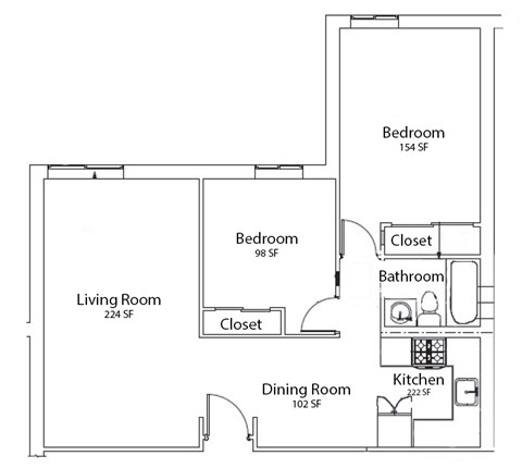 A floor plan of a home with a living room, dining room, kitchen, and two bedrooms.